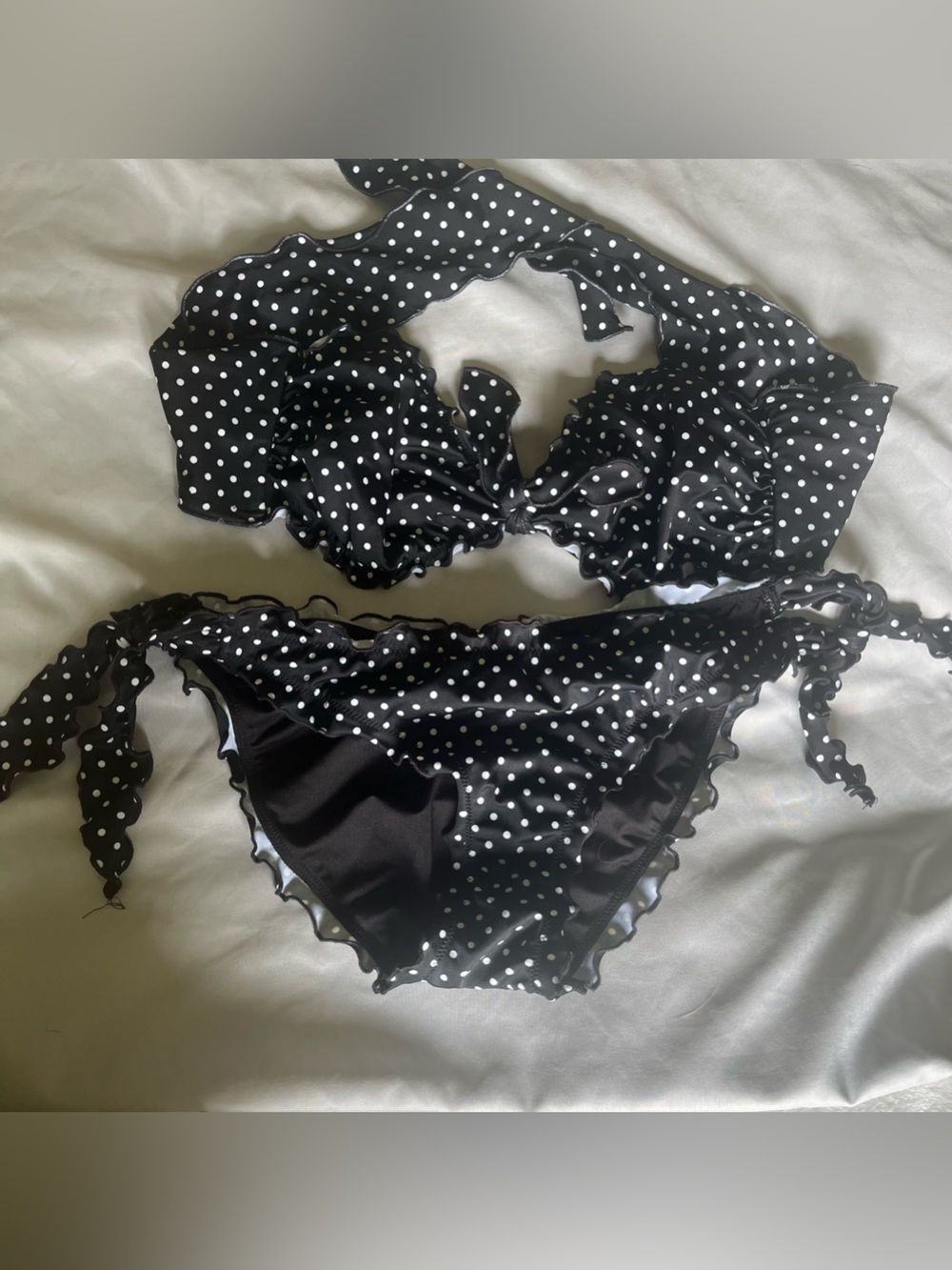 Victoria's Secret Black and White Polka Dot Ruffle Bandeau Bikini
